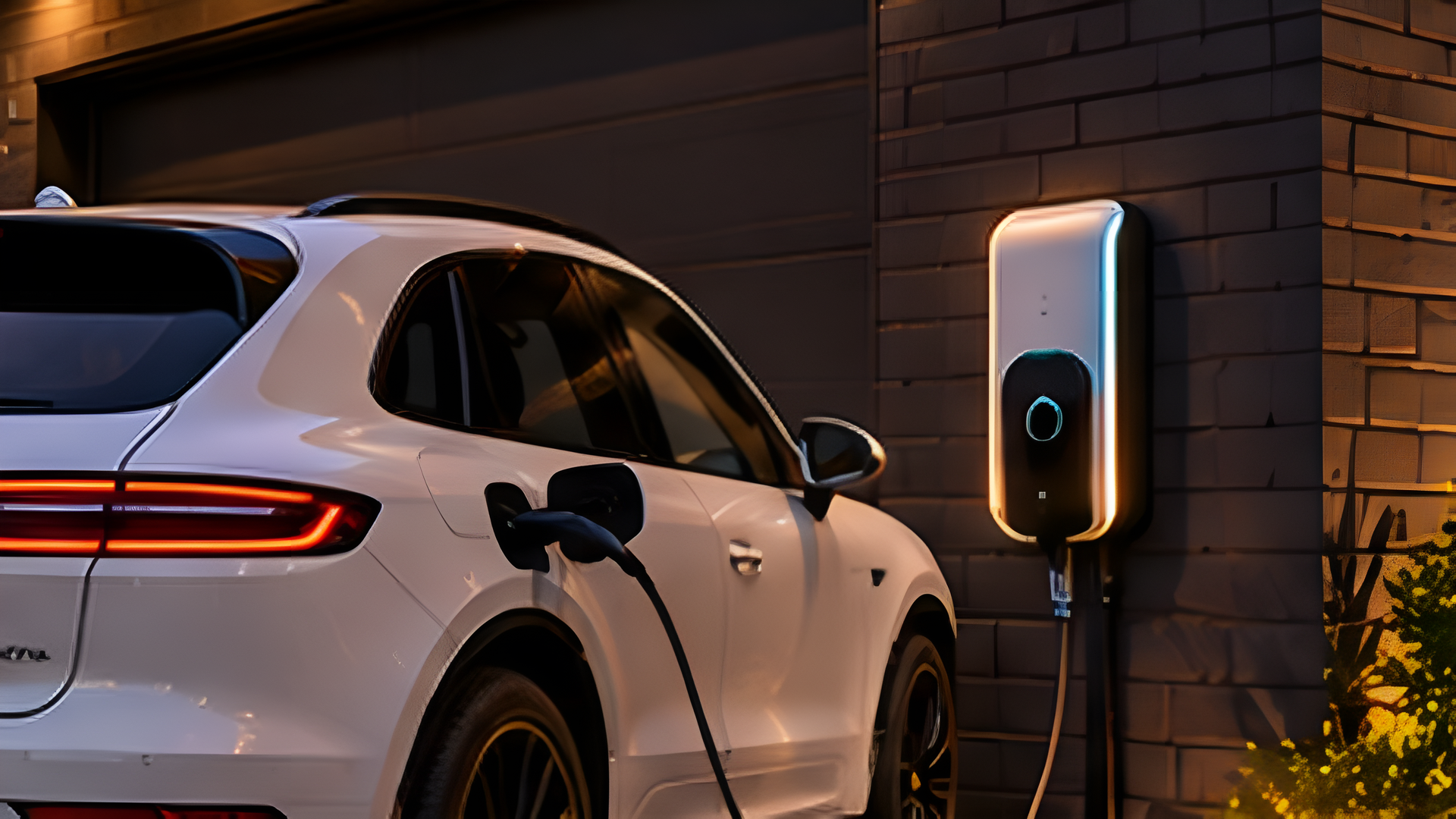 White electric SUV charging from a wall-mounted Level 2 EV charger beside a garage