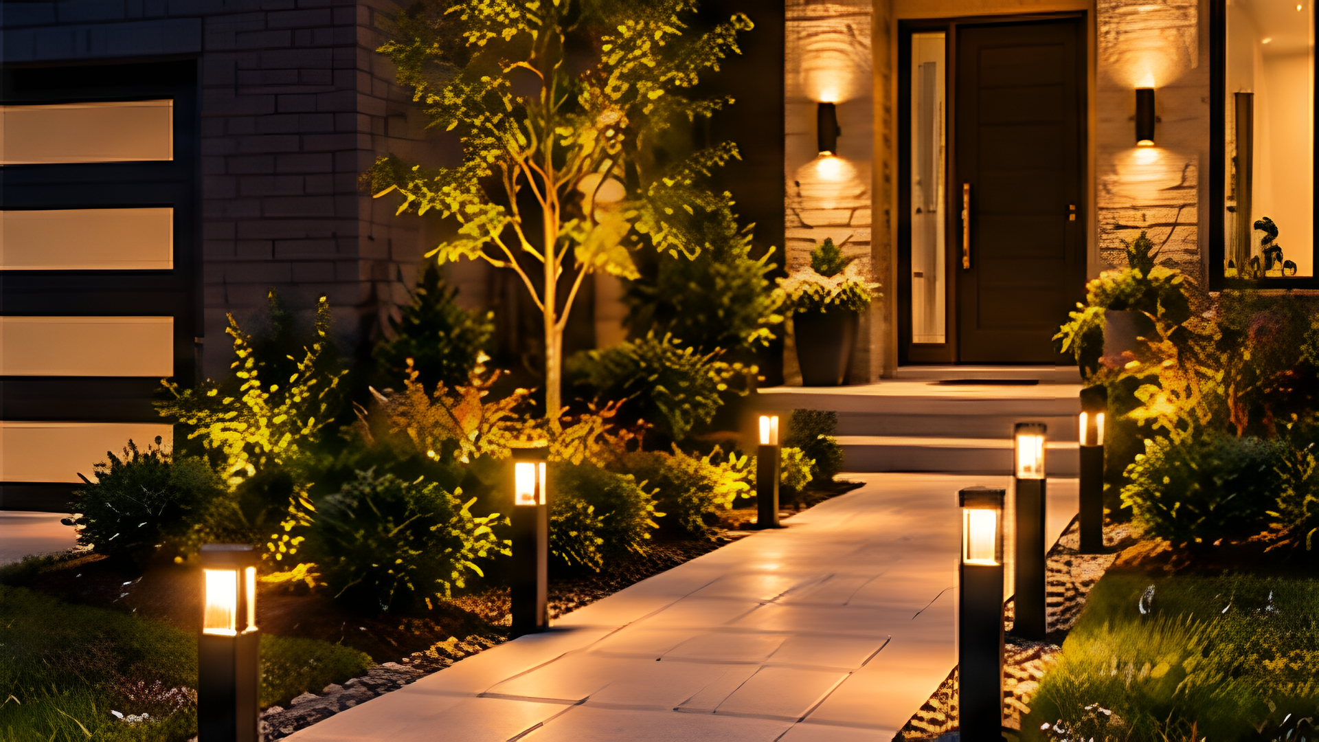 Front walkway with bollard lights, wall sconces and landscape lighting at night