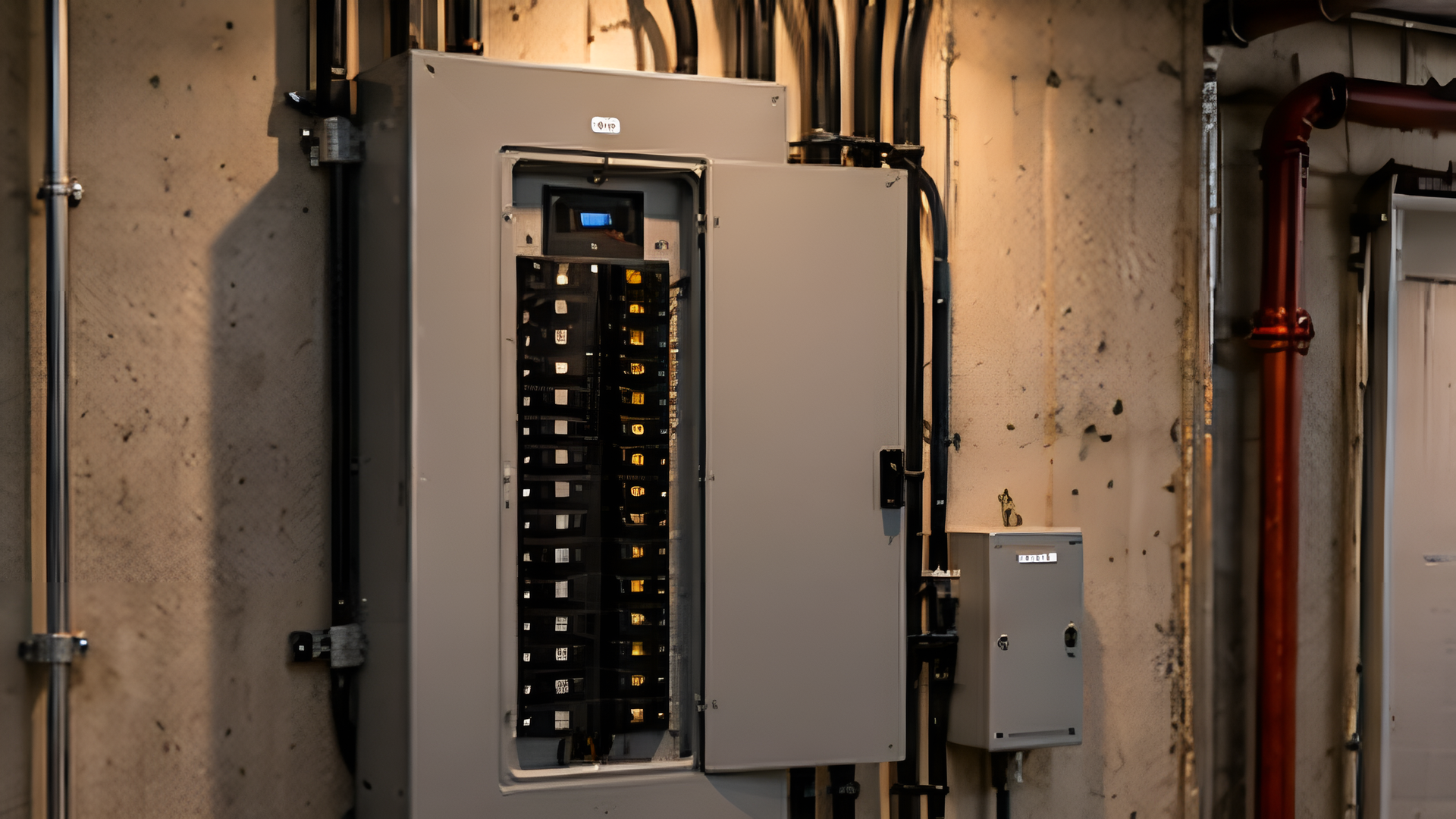 Electrical panel with a separate disconnect mounted on a basement wall